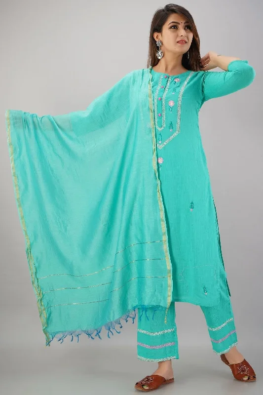 SVARCHI Women's Cotton Slub Embroidered Straight Kurta Palazzo & Dupatta Set (Turquoise) Custom pajama sets with names