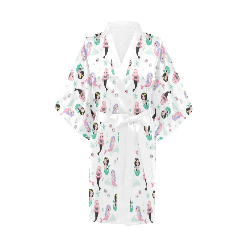 cute mermaid dolphin fish starfish pattern Women's Short Kimono Robe Cozy Lace Robe