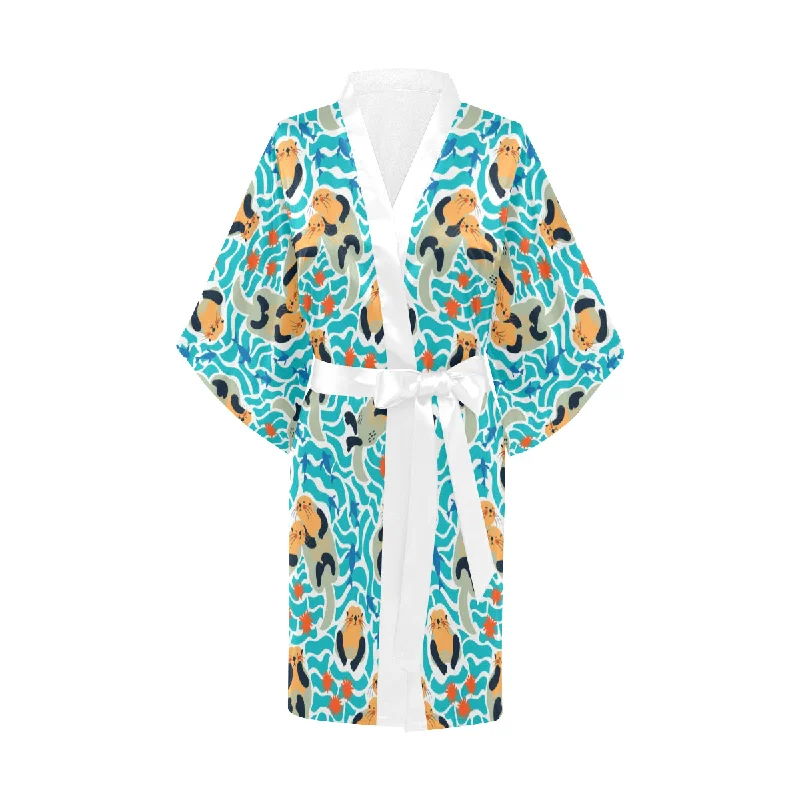 Cute sea otters fishe sea urchin pattern Women's Short Kimono Robe Spa Luxury Robe