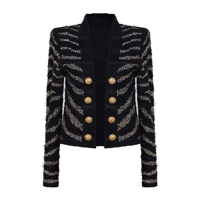 Sparkly Diamante Studded Zebra Print Long Sleeve Open Front Tweed Knit Jacket Soft-touch sweaters