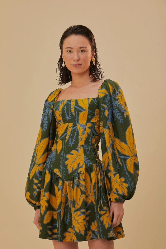 Green Foliage Sketch Lenzing™ Ecovero™ Euroflax™ Mini Dress Boho mini dresses
