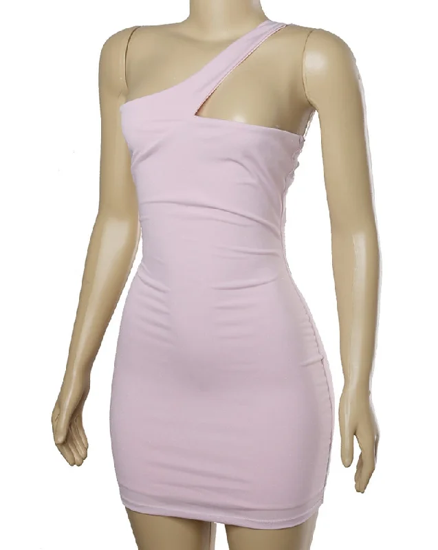 In My Feelings One Shoulder  Dress - Light Pink Knitted mini dresses