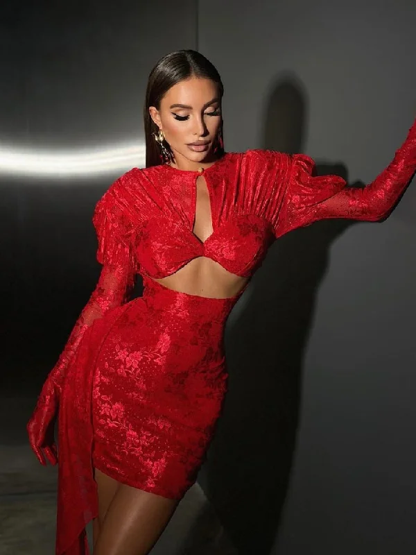 New Long Sleeves Cutout Pleated Mini Dress with Gloves Satin mini dresses