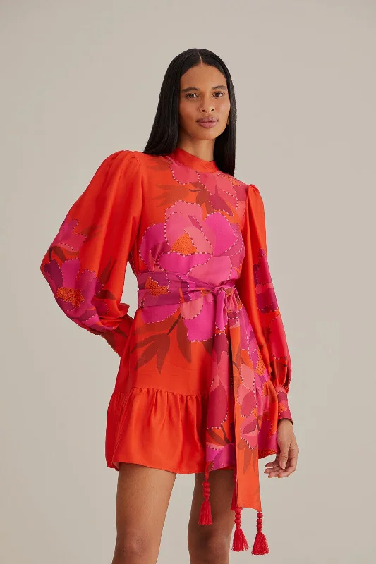 Red Peony Long Sleeve Mini Dress Minimalist mini dresses