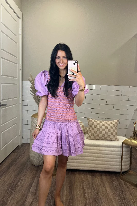 Solid Poplin V-Neck Smock Stitch Dress Vacation mini dresses