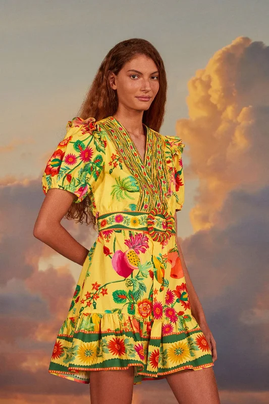 Yellow Delicate Fruit Garden Organic Cotton Mini Dress Party mini dresses