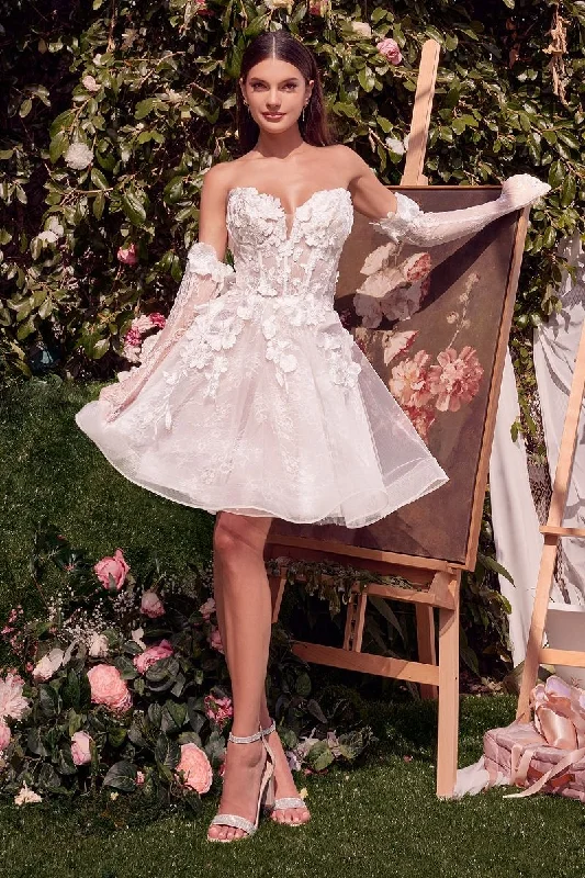 Andrea And Leo -WL020 Strapless Floral Applique Bridal A-Line Short Dress Mermaid Lace Gown