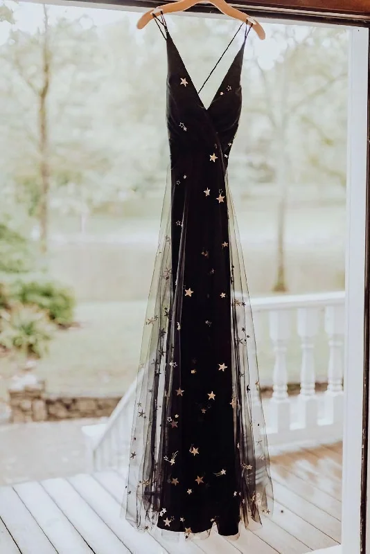 Black Tulle Gold Star Wedding Dress, Fashion Prom Gown Soft Lace Gown