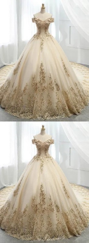 Champagne Ball Gown Tulle Gold Lace Appliques Wedding Dress Lace Back Wedding