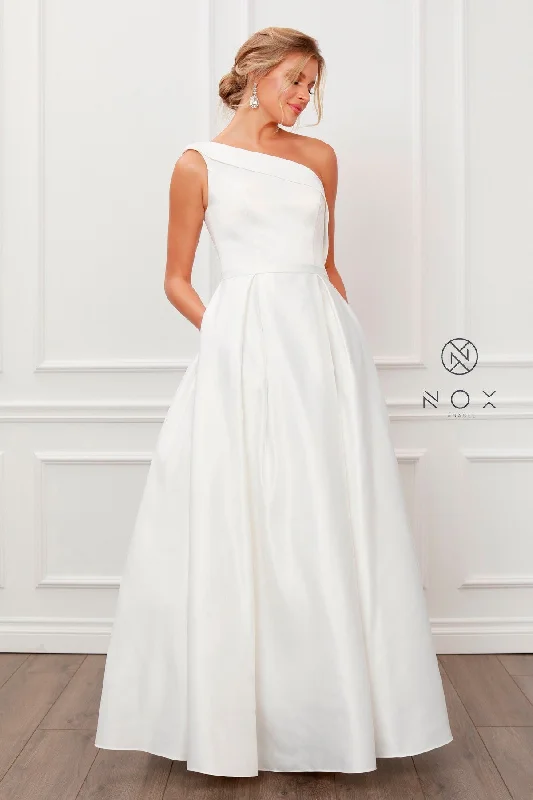 Clearance Sale Long One Shoulder A-Line Dress By Nox Anabel -E469CL Ruffle Wedding Gown