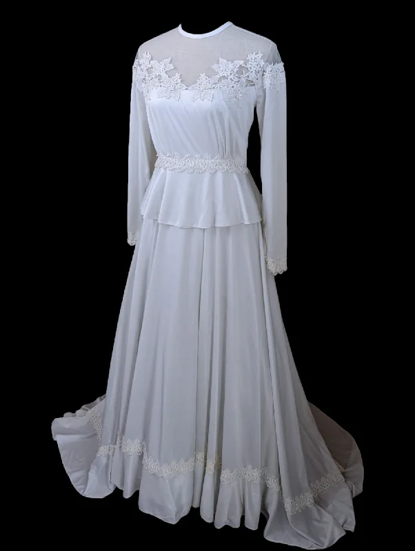 1960s Peplum and Floral Lace Long Sleeve Wedding Dress with Scoop Neckline in Brilliant White Floral Bridal Gown 1960s Peplum and Floral Lace Long Sleeve Wedding Dress with Scoop Neckline in Brilliant White Floral Bridal Gown
