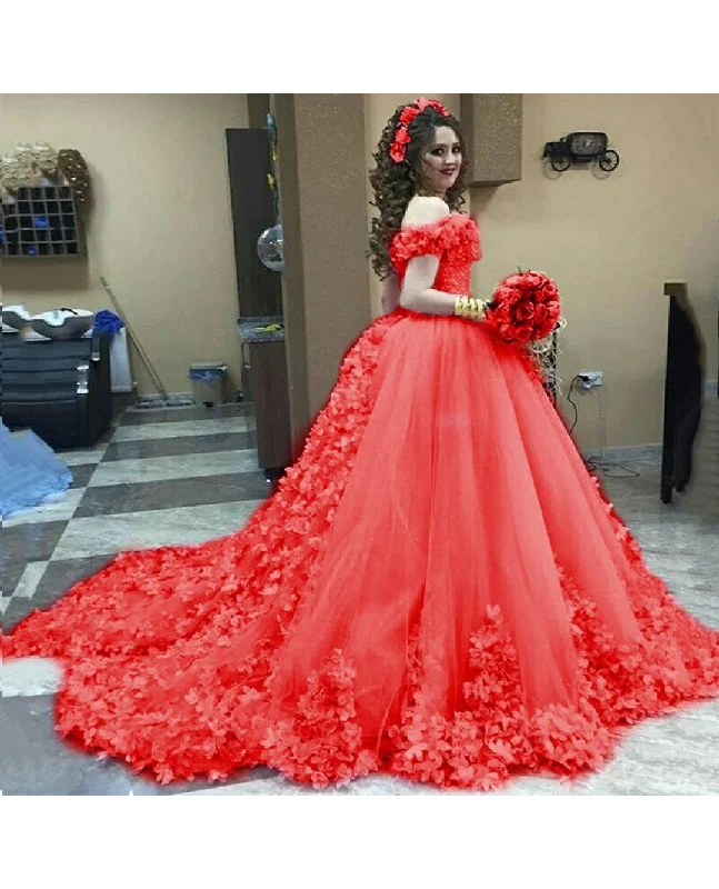 G537, Luxury Red Flower Prom PreWedding trail Gowns, Size (XS-30 to L-38) Soft Wedding Gown