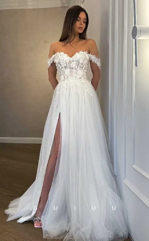 GW850 - Chic & Modern A-Line Off-Shoulder Appliques Lace Beach Wedding Dresss with High Side Slit Silk Bridal Dress GW850 - Chic & Modern A-Line Off-Shoulder Appliques Lace Beach Wedding Dresss with High Side Slit Silk Bridal Dress
