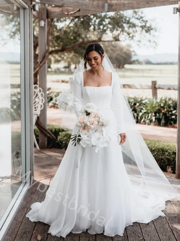 Elegant Squaer Long Sleeves A-line Floor Length Wedding Dresses, WDY0358 Off-shoulder Bridal Gown Elegant Squaer Long Sleeves A-line Floor Length Wedding Dresses, WDY0358 Off-shoulder Bridal Gown