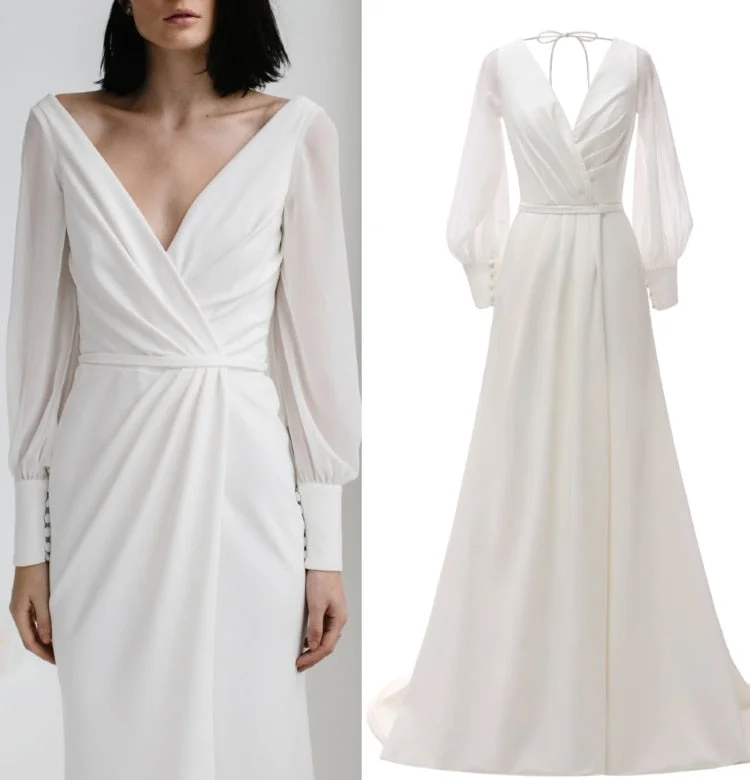 Real photo Long sleeve simple satin chiffon bridal wedding dress gown FACTORY PRICE PLUS SIZE A-line Wedding Gown Real photo Long sleeve simple satin chiffon bridal wedding dress gown FACTORY PRICE PLUS SIZE A-line Wedding Gown