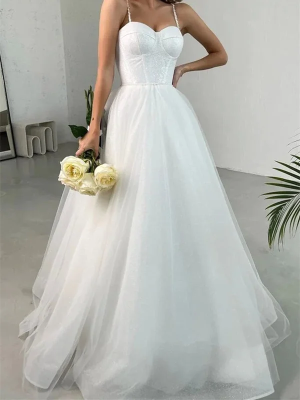 Shiny Tulle Sweetheart Neck White Long Prom Dresses, Long White Formal Graduation Evening Dresses Full Length Gown
