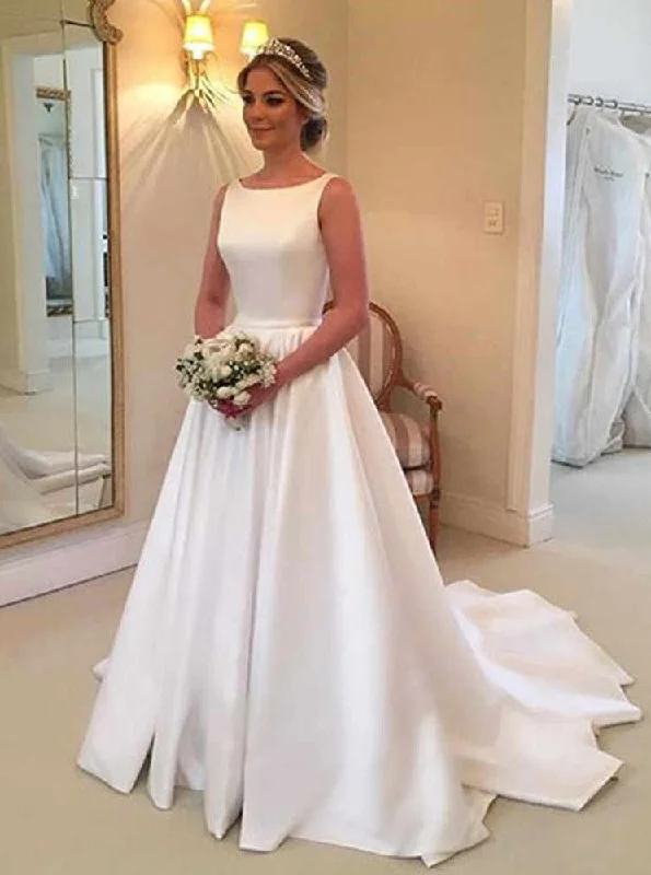Simple A-Line Bateau Satin Backless Wedding Dress With Train OW381 Romantic Satin Dress