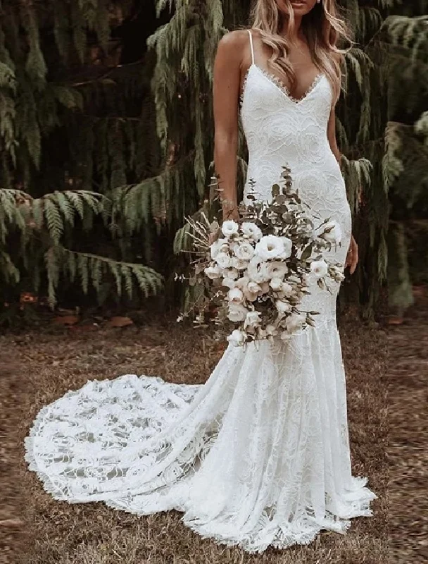 Trumpet/Mermaid Spaghetti Straps Floor-length Lace Wedding Dress Wedding Dress Long