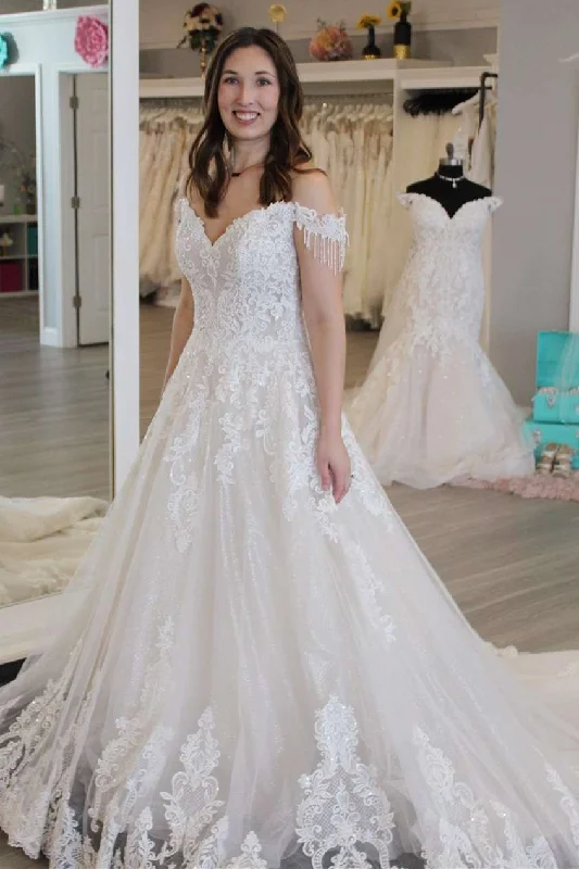 White Appliques Off-the-Shoulder Tassel A-Line Long Wedding Dress Illusion Lace Gown