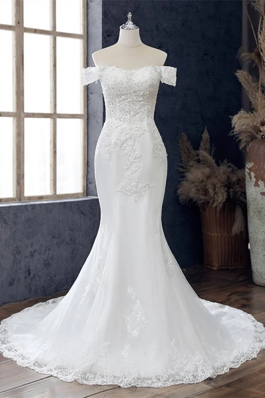 White Lace Off-the-Shoulder Mermaid Wedding Dress Chic Bridal Gown