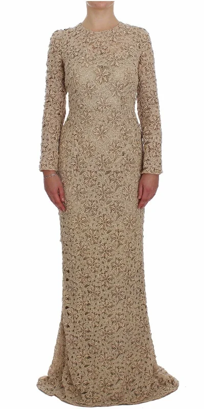 Dolce & Gabbana Beige Floral Lace Long Sleeve Maxi Women's Dress Cocktail maxi dresses