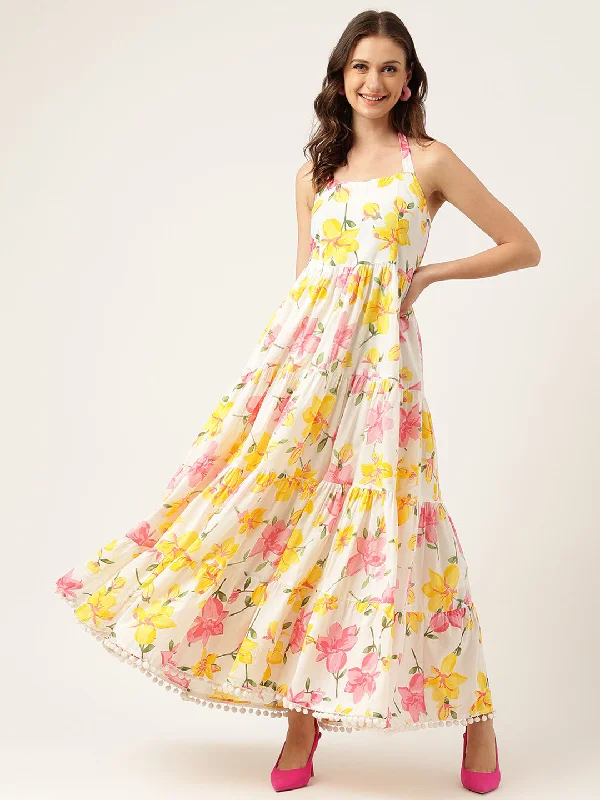 Floral Printed Halter Neck Cotton Casual Maxi Dress Chiffon maxi dresses