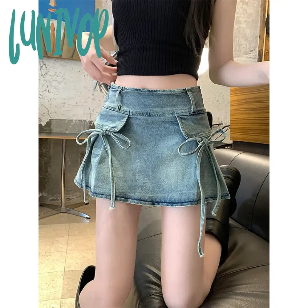 Lunivop Y2K Bow Denim Mini Skirt Women Vintage Belt Cargo Skirts Summer 2000S Streetwear Korean High Waist A Line Jeans Skirt New Mini Skirt Outfit