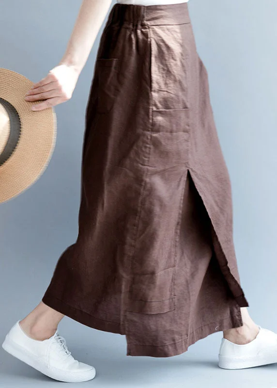 Plus Size Chocolate Asymmetrical Pockets Linen Skirts Spring Boho unclassified skirts
