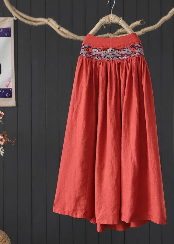 Plus Size Orange Cinched Embroideried Linen Skirt Spring Affordable unclassified skirts