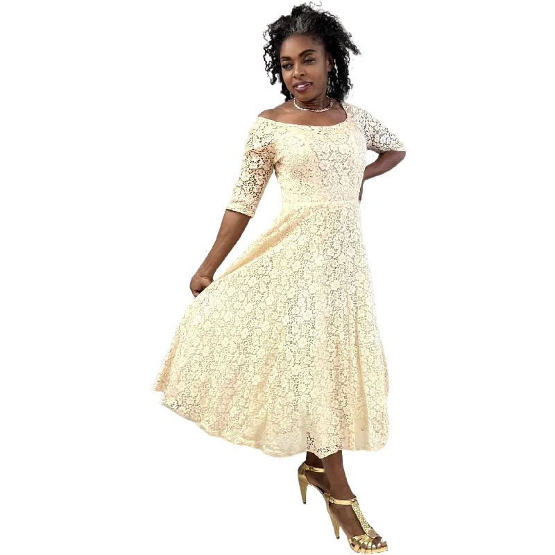 1950s Ivory Cotton Lace Gown Party / Wedding XS Circle Skirt Off Shoulder Sparkly Best value party dresses