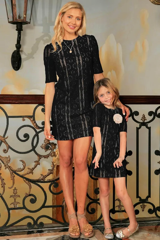 Black Crochet Lace Elbow Sleeve Shift Mother Daughter Party Dress Bachelorette party dresses