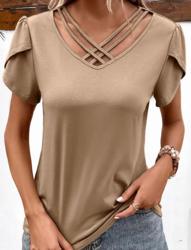 Plain V Neck Strappy Tulip Sleeves Top Monochrome unclassified dresses