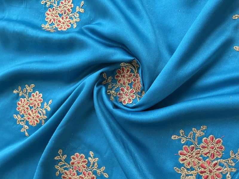 Blue Golden Dori Floral Embroidered Satin Fabric Luxury floral dresses