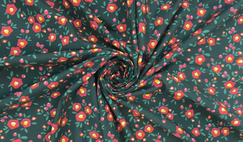 Bottle Green & Red Cotton Poplin Floral Digital Printed Fabric Women's trendy floral dresses sale