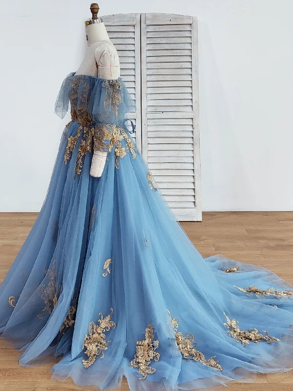 Blue Sweetheart Neck Off Shoulder Long Prom Dress, Lace Evening Dresses White Lace Dress