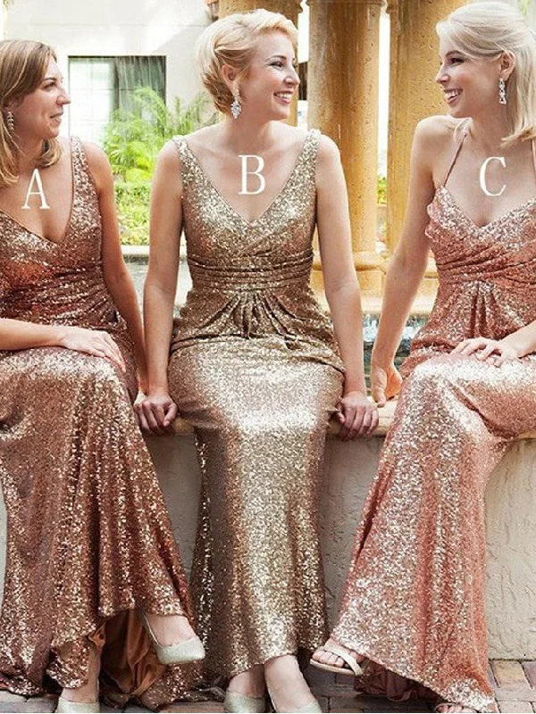 Chic Bridesmaid Dresses Sequins Gold V-neck Halter Sexy Long Bridesmaid Dresses JKB042 Sequin Cocktail Gown