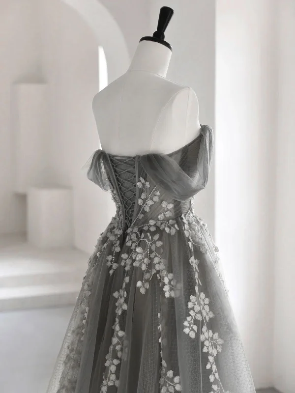 Gray Sweetheart Neck A line Lace Long Prom Dress, Gray Formal Dress Lace Dress Design