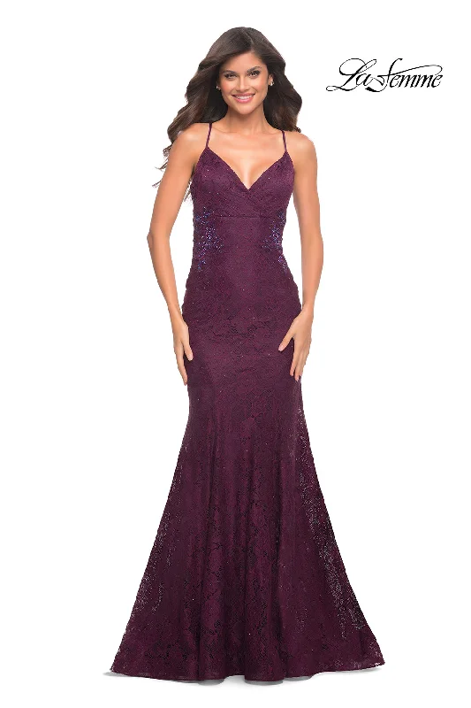 La Femme Long Lace Formal Dress with Corset Back Romantic Lace Dress