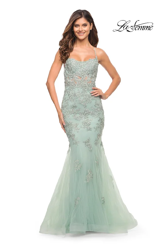 La Femme Long Lace Designer Mermaid Prom Dress Chic Lace Dress