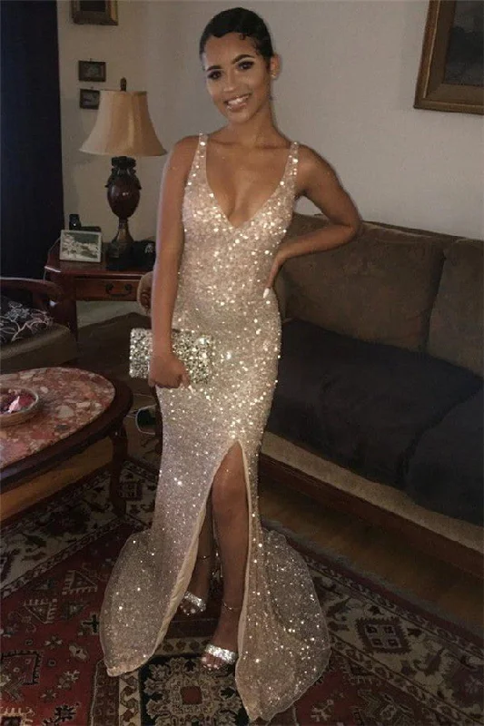 Mermaid Chic Sequins Straps V-Neck Side-Slit Evening Dresses Black Sequin Gown