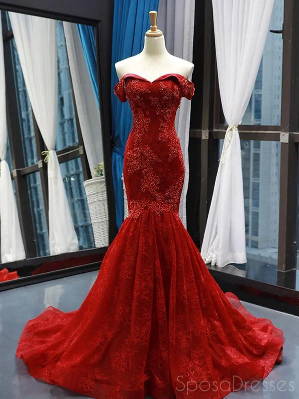 Mermaid Lace Strapless Red Long Prom Dresses, Sweet 16 Prom Dresses, 12503 Light Lace Dress