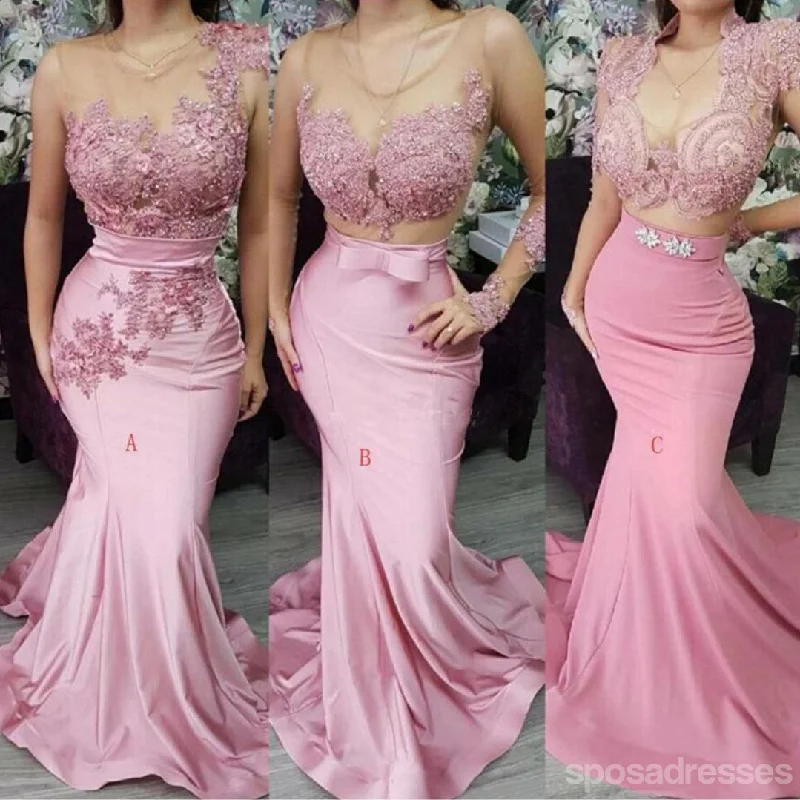 Pink Mermaid Lace Applique Long Sleeves Bridesmaid Dresses Gown Online, WG1038 Pink Lace Dress Pink Mermaid Lace Applique Long Sleeves Bridesmaid Dresses Gown Online, WG1038 Pink Lace Dress