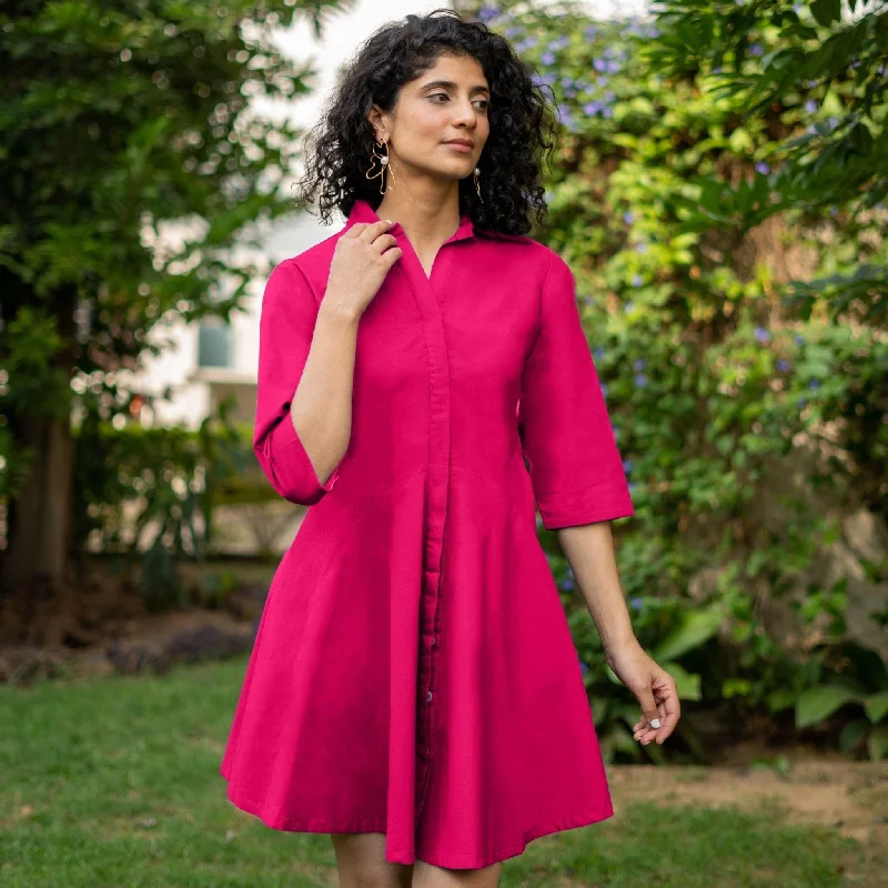 Pink Cotton Poplin Fit and Flare Short Button-Down Shirt Dress Tied Shirt Dress